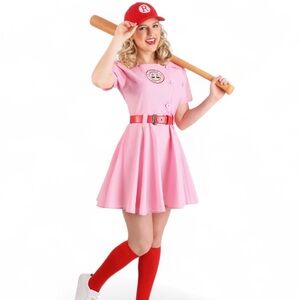 A League of Their Own Women’s Baseball Costume Cap Red Knee-High Socks Halloween